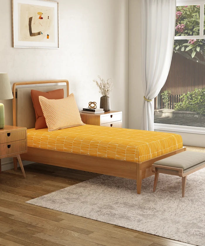 Everyday Printed Single Bedsheet Set, Blair Ochre | 120TC Cotton| 1 Pillow cover