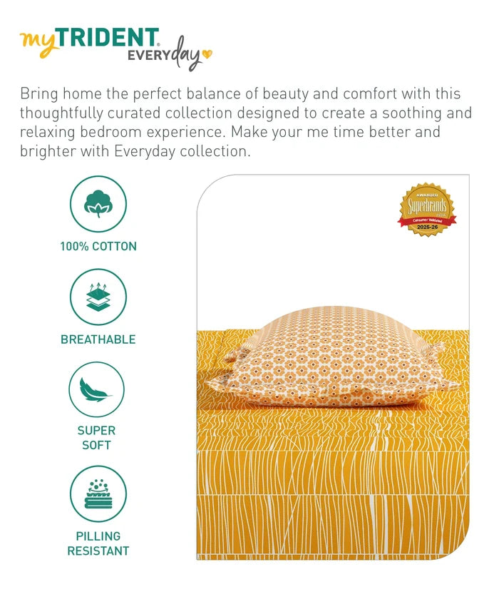 Everyday Printed Single Bedsheet Set, Blair Ochre | 120TC Cotton| 1 Pillow cover