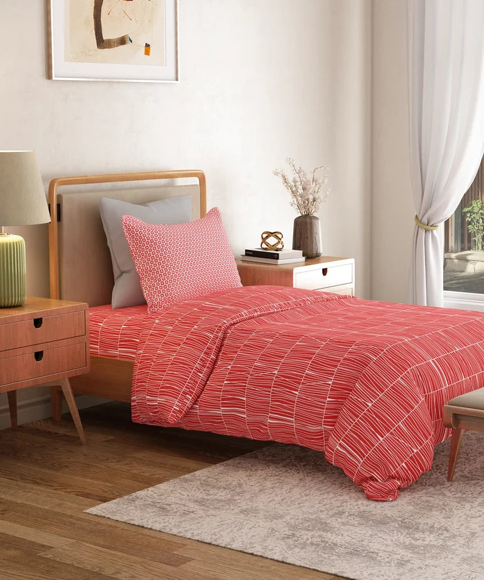 Everyday Printed Single Bedsheet Set, Blair Red | 120TC Cotton| 1 Pillow cover