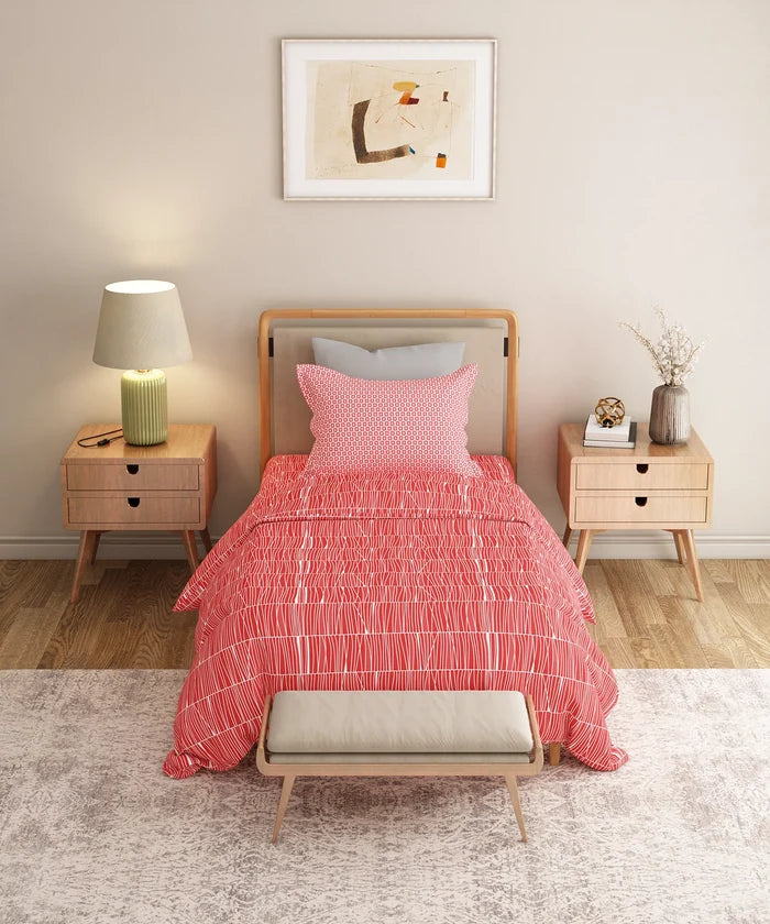 Everyday Printed Single Bedsheet Set, Blair Red | 120TC Cotton| 1 Pillow cover