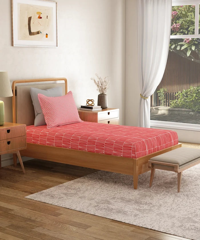 Everyday Printed Single Bedsheet Set, Blair Red | 120TC Cotton| 1 Pillow cover