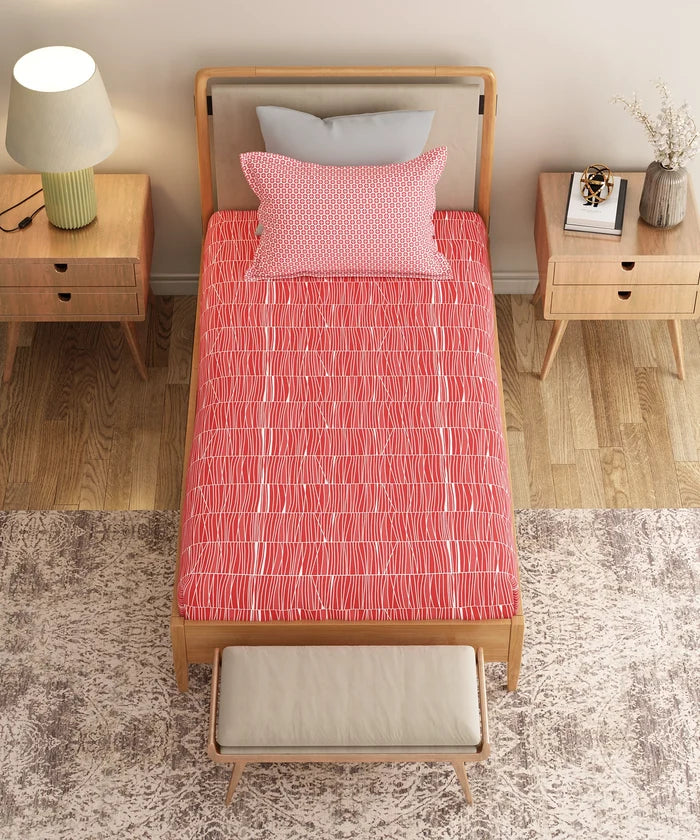 Everyday Printed Single Bedsheet Set, Blair Red | 120TC Cotton| 1 Pillow cover