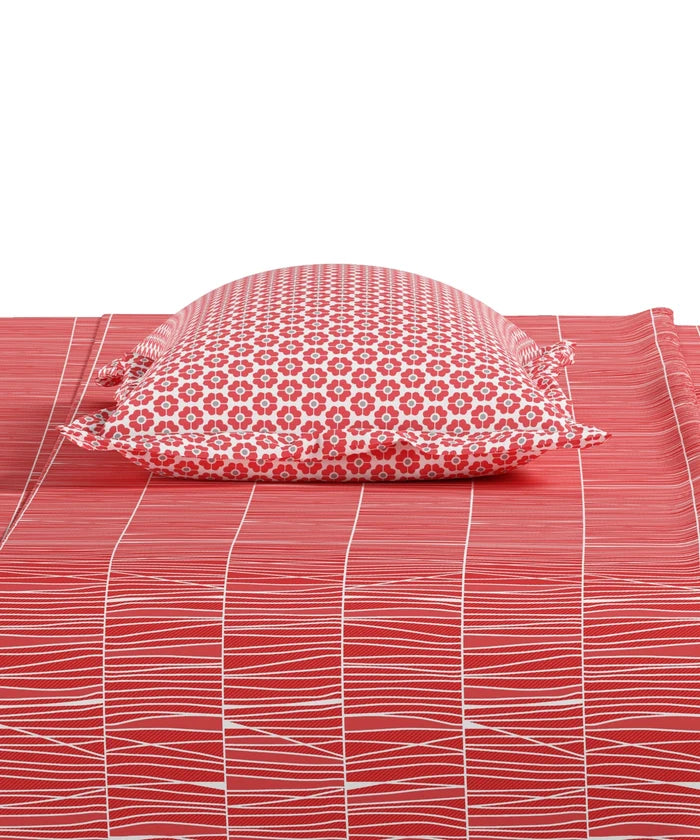 Everyday Printed Single Bedsheet Set, Blair Red | 120TC Cotton| 1 Pillow cover