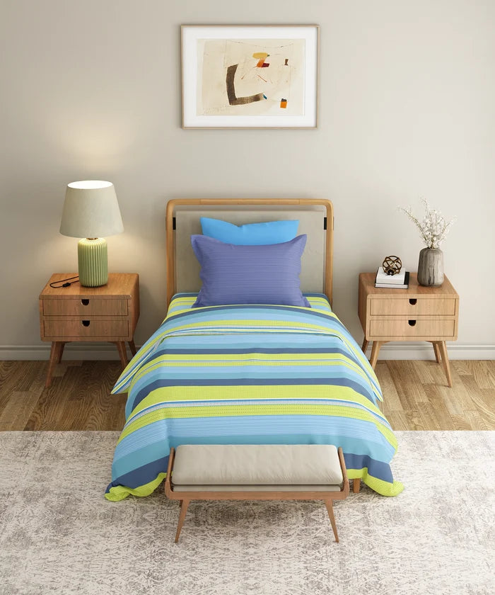 Everyday Printed Single Bedsheet Set, Brooke Blue | 120TC Cotton| 1 Pillow cover