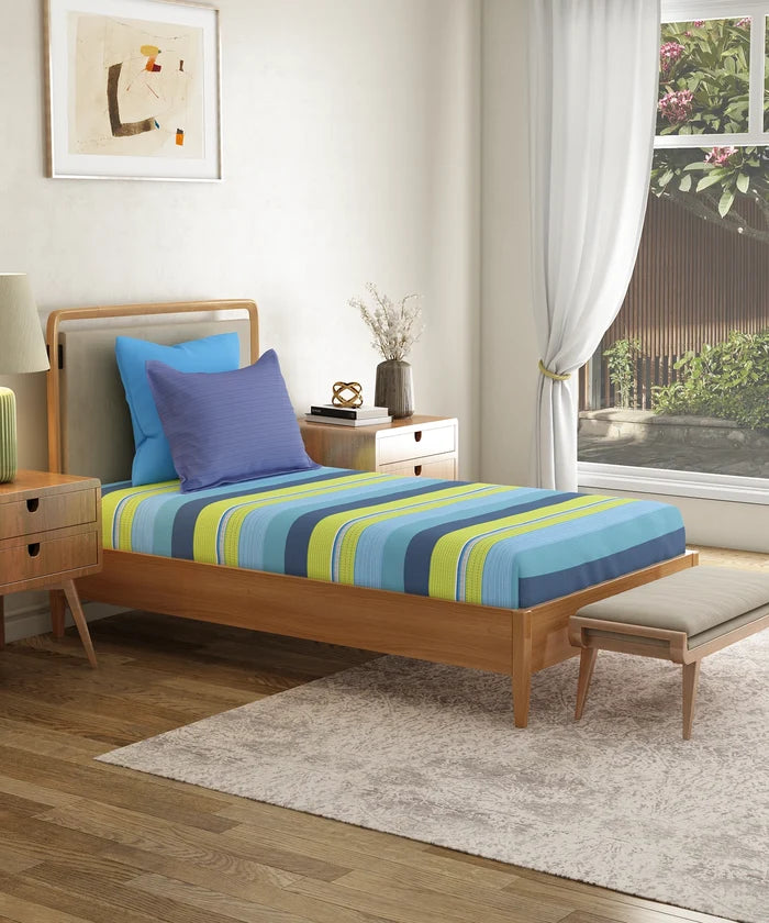 Everyday Printed Single Bedsheet Set, Brooke Blue | 120TC Cotton| 1 Pillow cover