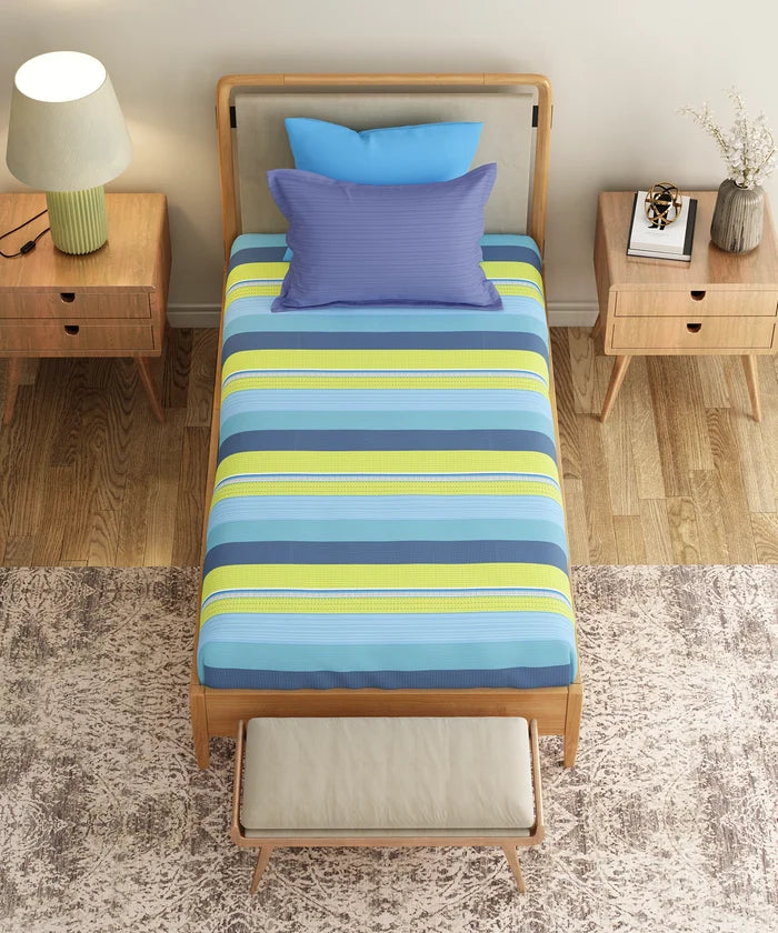 Everyday Printed Single Bedsheet Set, Brooke Blue | 120TC Cotton| 1 Pillow cover