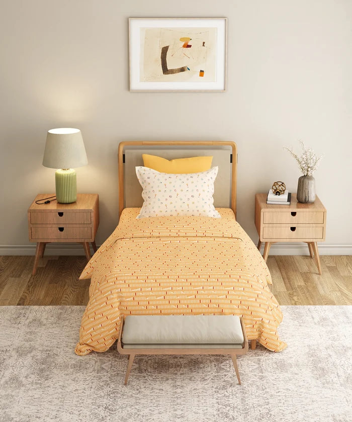 Everyday Printed Single Bedsheet Set, Domino Ochre | 120TC Cotton| 1 Pillow cover