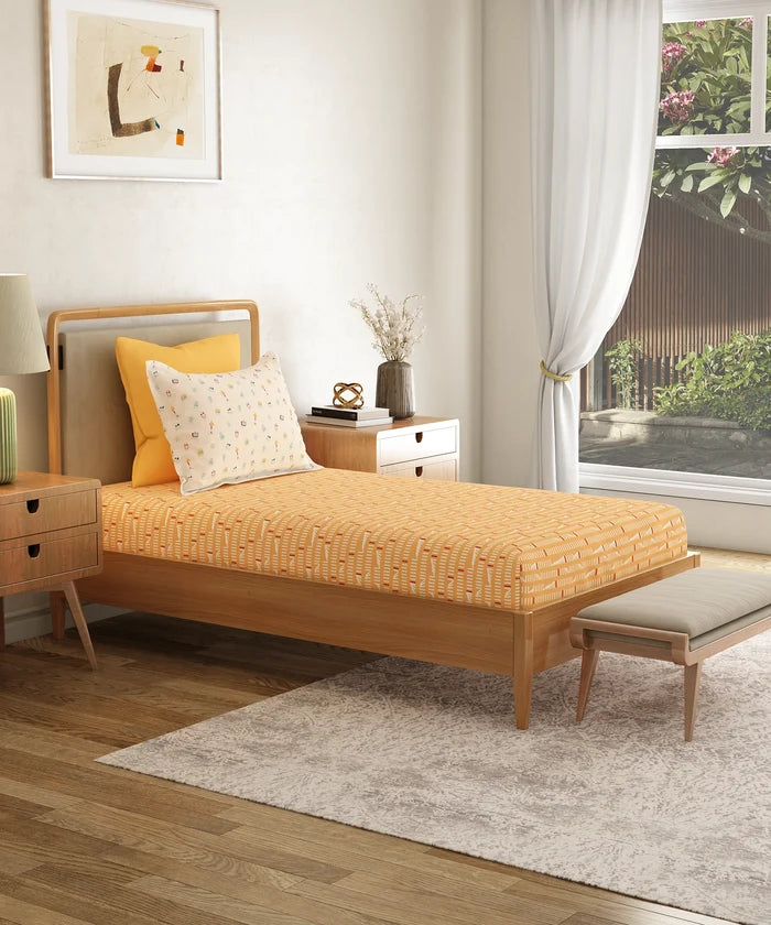 Everyday Printed Single Bedsheet Set, Domino Ochre | 120TC Cotton| 1 Pillow cover