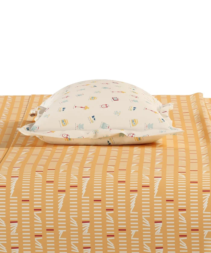 Everyday Printed Single Bedsheet Set, Domino Ochre | 120TC Cotton| 1 Pillow cover