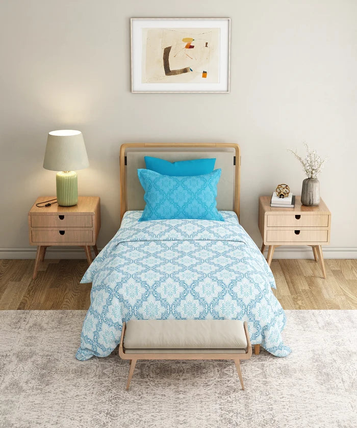 Everyday Printed Single Bedsheet Set, Harper Blue | 120TC Cotton| 1 Pillow cover