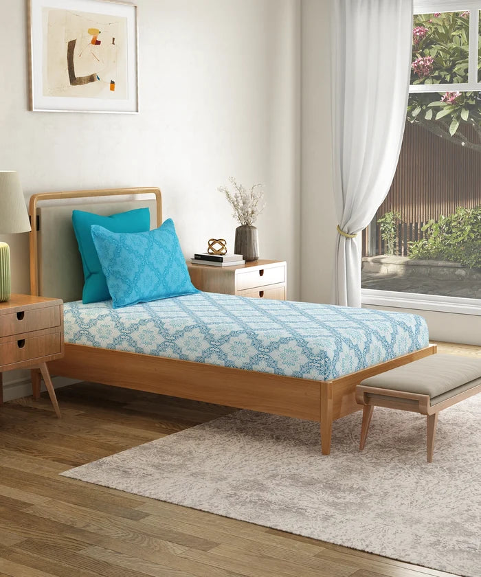 Everyday Printed Single Bedsheet Set, Harper Blue | 120TC Cotton| 1 Pillow cover