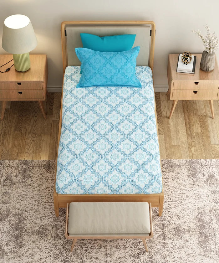 Everyday Printed Single Bedsheet Set, Harper Blue | 120TC Cotton| 1 Pillow cover