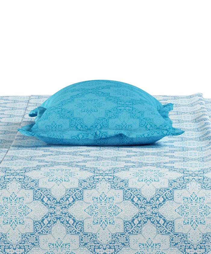 Everyday Printed Single Bedsheet Set, Harper Blue | 120TC Cotton| 1 Pillow cover