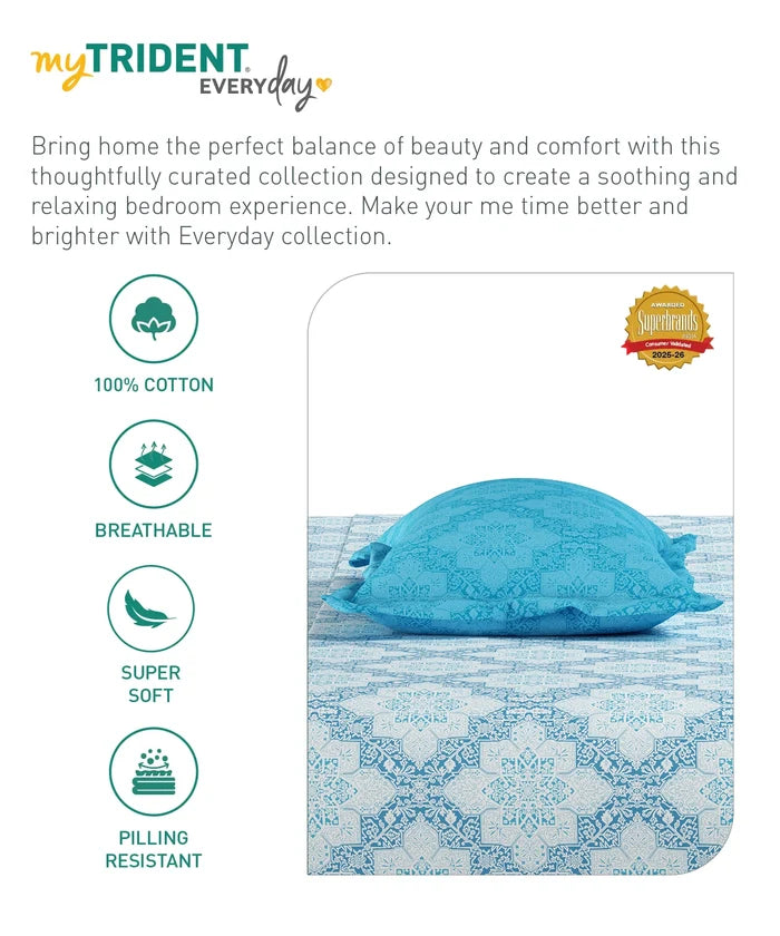 Everyday Printed Single Bedsheet Set, Harper Blue | 120TC Cotton| 1 Pillow cover