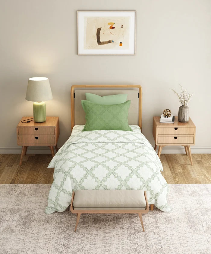 Everyday Printed Single Bedsheet Set, Harper Green | 120TC Cotton| 1 Pillow cover