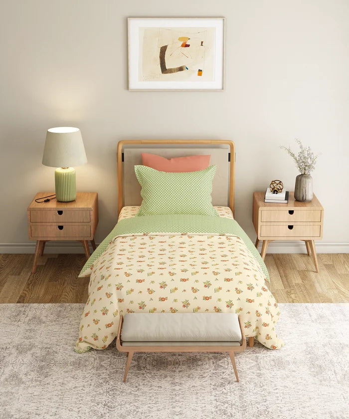 Everyday Printed Single Bedsheet Set, Little Bloom Yellow| 120TC Cotton| 1 Pillow cover