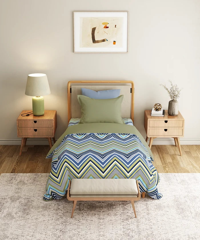 Everyday Printed Single Bedsheet Set, Wave Blues| 120TC Cotton| 1 Pillow cover