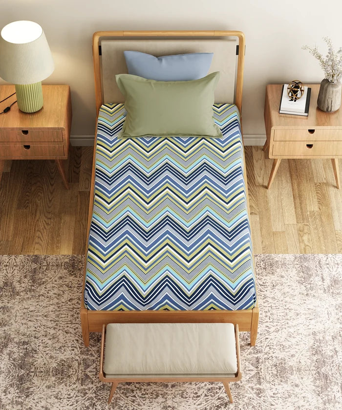 Everyday Printed Single Bedsheet Set, Wave Blues| 120TC Cotton| 1 Pillow cover