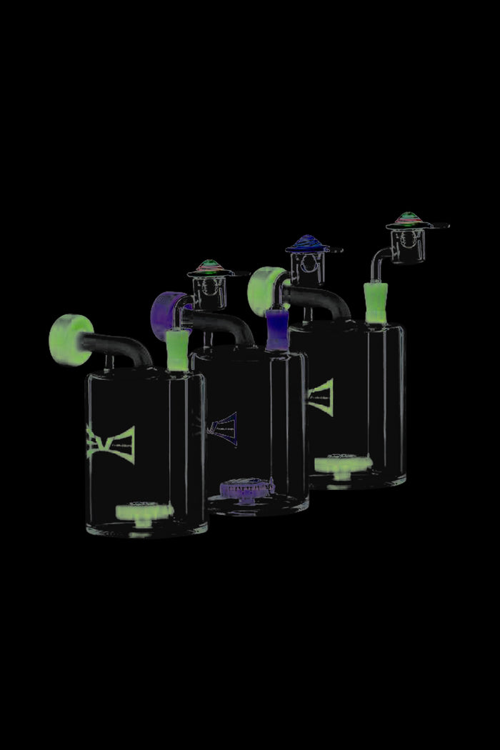 Front view of the Evolution Money Jar Dab Rig with Banger and Carb Cap, showing the clear glass rig angled against a dark backdrop.