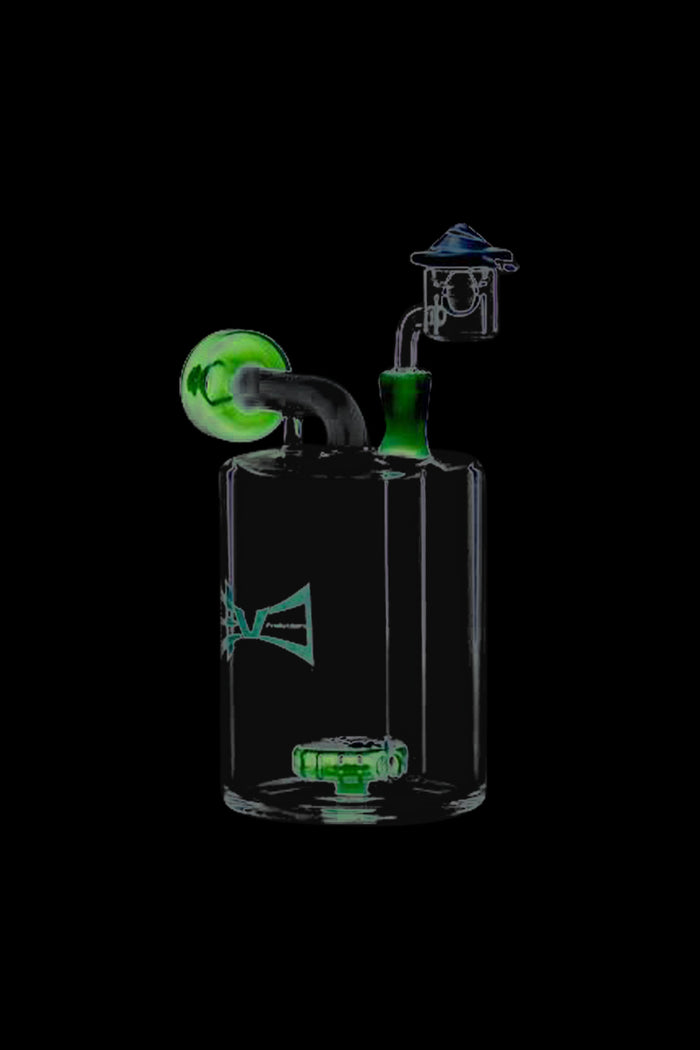 Front view of the Evolution Money Jar Dab Rig with Banger and Carb Cap, showcasing its clear glass construction and unique jar-shaped design.