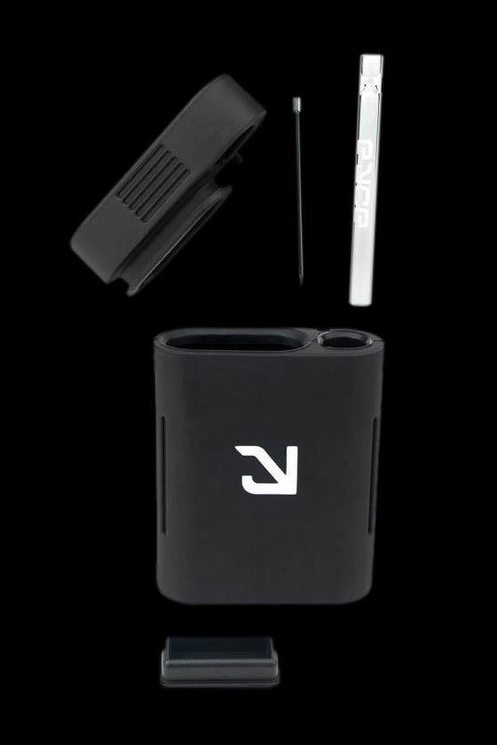 Black cannabis vaporizer device disassembled, showcasing its components against a dark background.