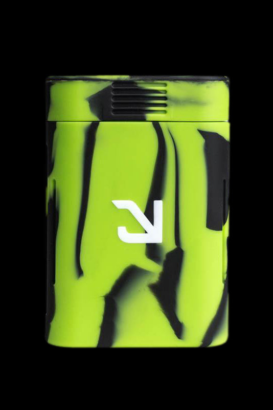Green and black cannabis lighter with a white logo.