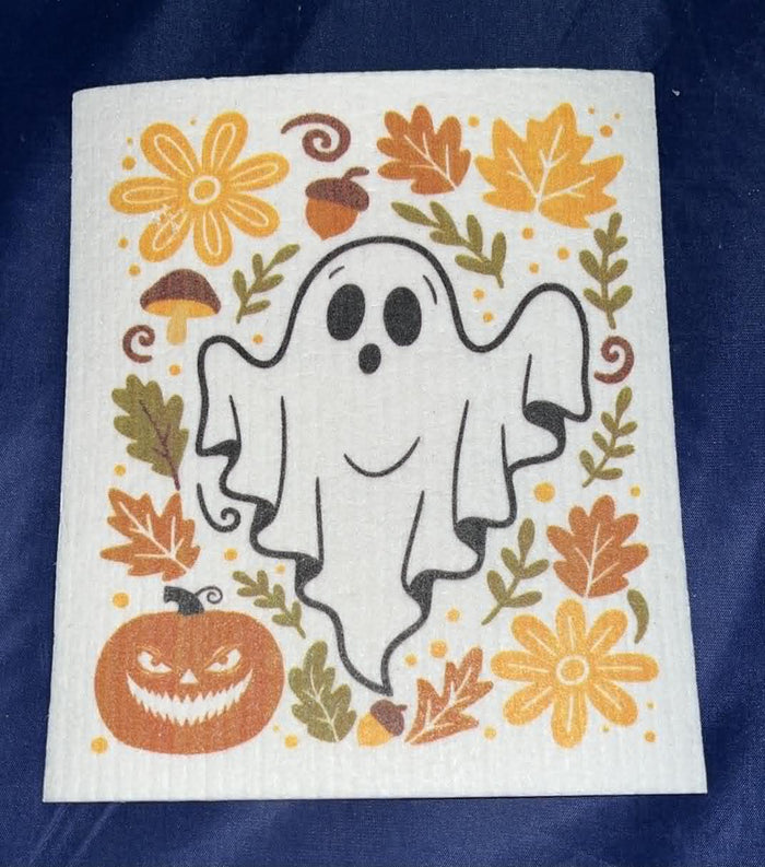 Fall Ghost with Pumpkin and Acorns Swedish Towel