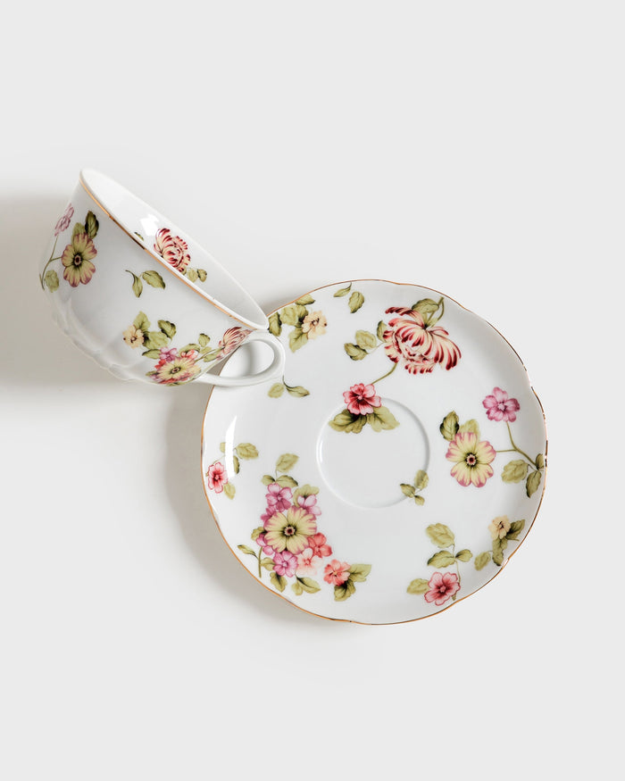 Flor do Ocidente Porcelain Tea Cup & Saucer with Gold Accents by Tania Bulhões — Set of 4