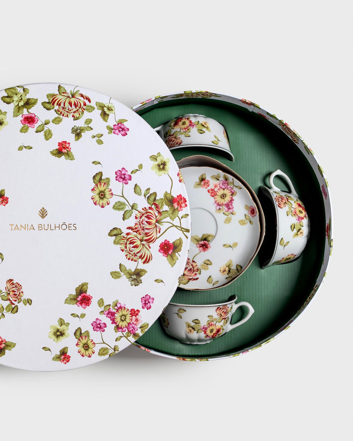 Flor do Ocidente Porcelain Tea Cup & Saucer with Gold Accents by Tania Bulhões — Set of 4