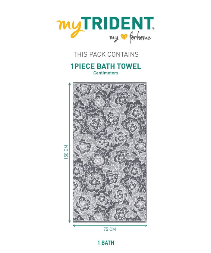 Floral 1 Pc Bath Towel, Grey| 600 GSM Cotton