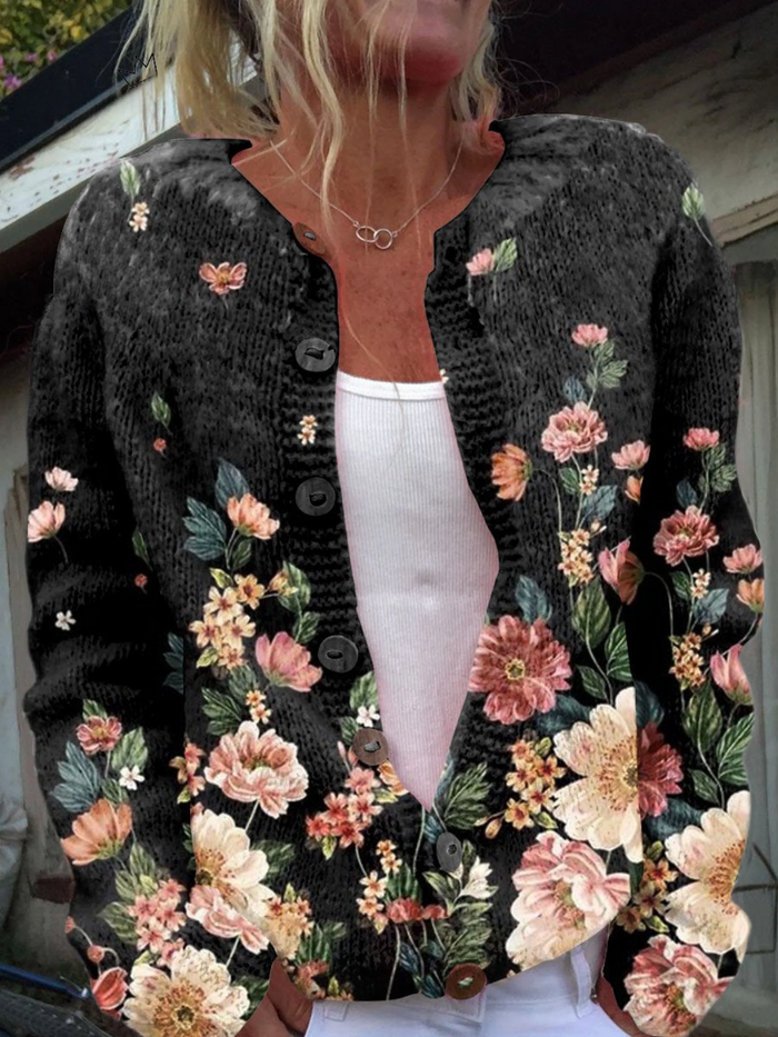 Floral Print Buttoned Casual Cardigan  Sweater