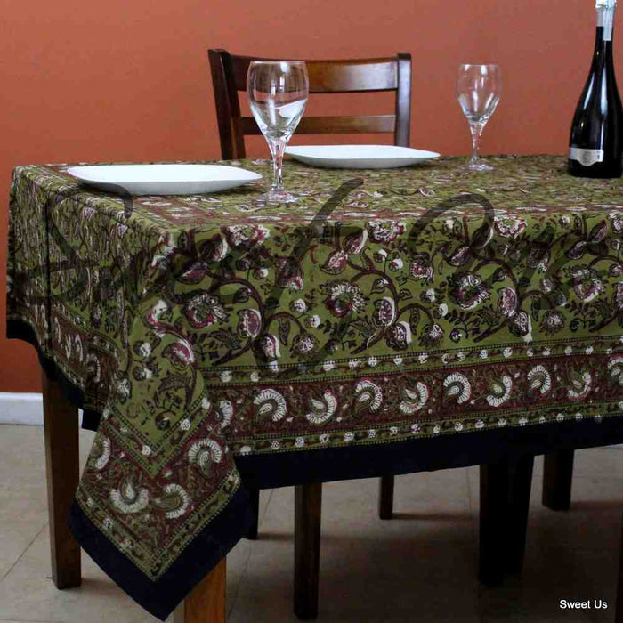 Dabu Block Print Floral Tablecloth Rectangle Green Orange Saffron Dining Linen - Sweet Us