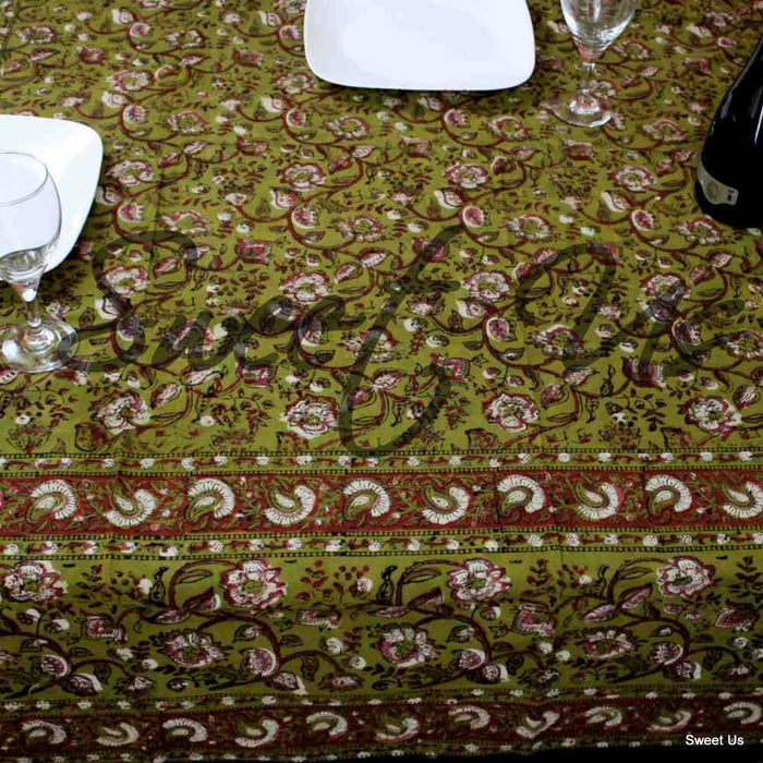 Dabu Block Print Floral Tablecloth Rectangle Green Orange Saffron Dining Linen - Sweet Us