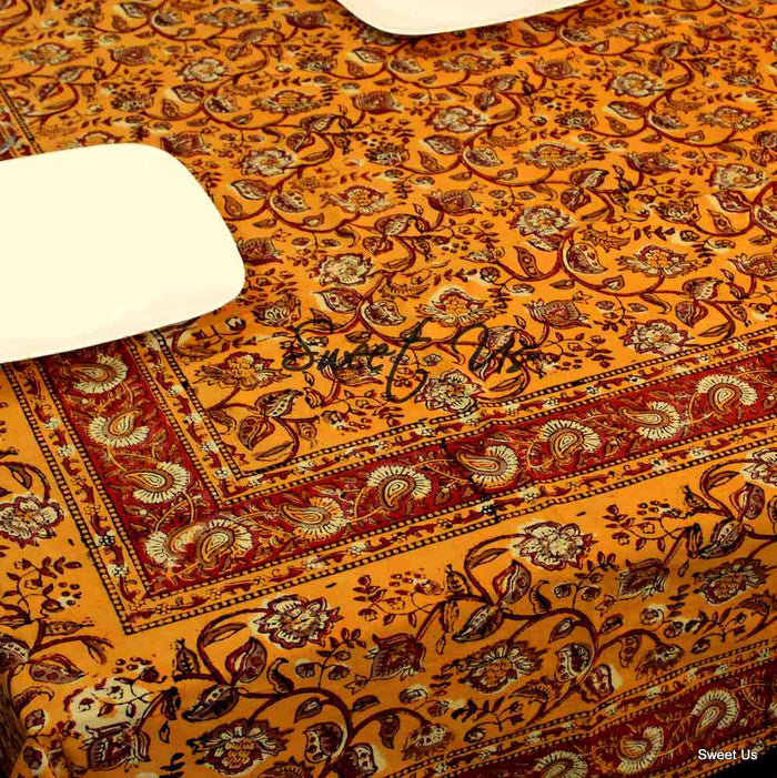 Dabu Block Print Floral Tablecloth Rectangle Green Orange Saffron Dining Linen - Sweet Us