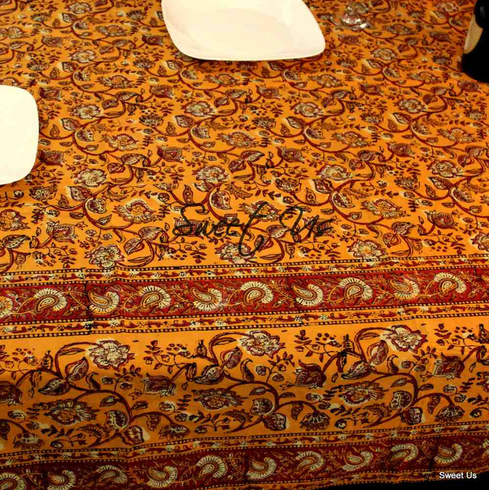 Dabu Block Print Floral Tablecloth Rectangle Green Orange Saffron Dining Linen - Sweet Us