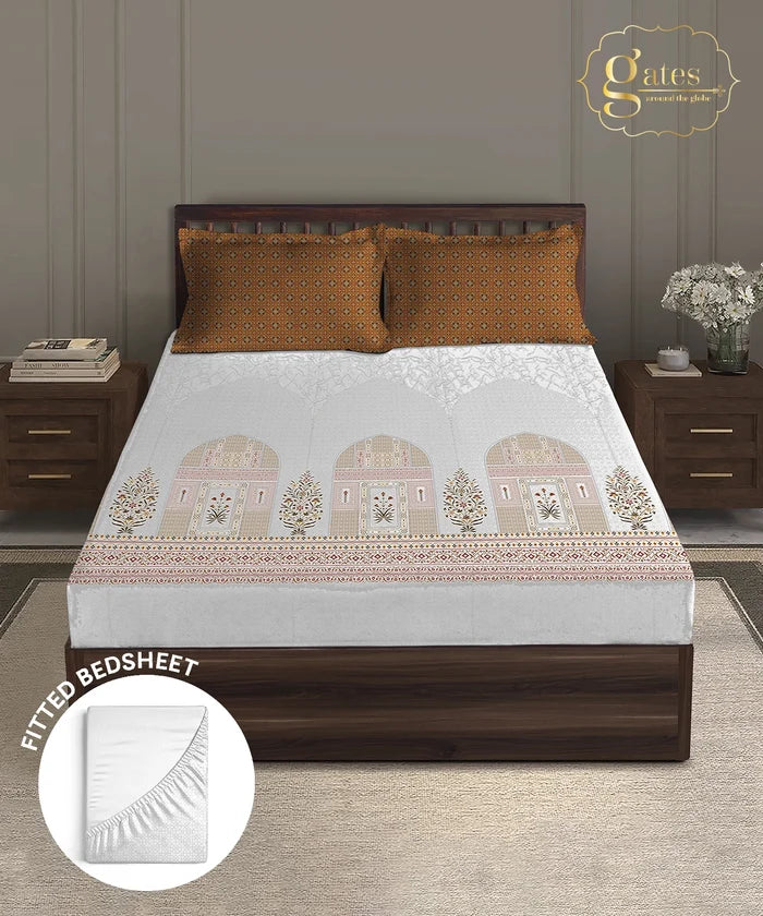 Gates Around The Globe King Fitted Bedsheet Set, Whitemyst| 180 TC Cotton| 2 Pillow Covers