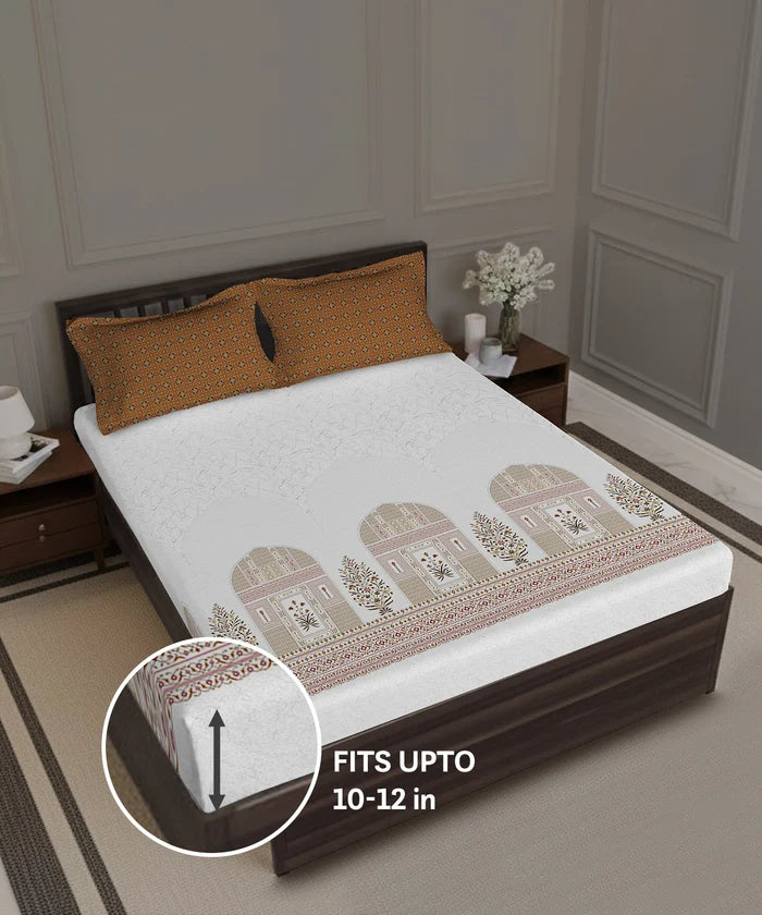Gates Around The Globe King Fitted Bedsheet Set, Whitemyst| 180 TC Cotton| 2 Pillow Covers