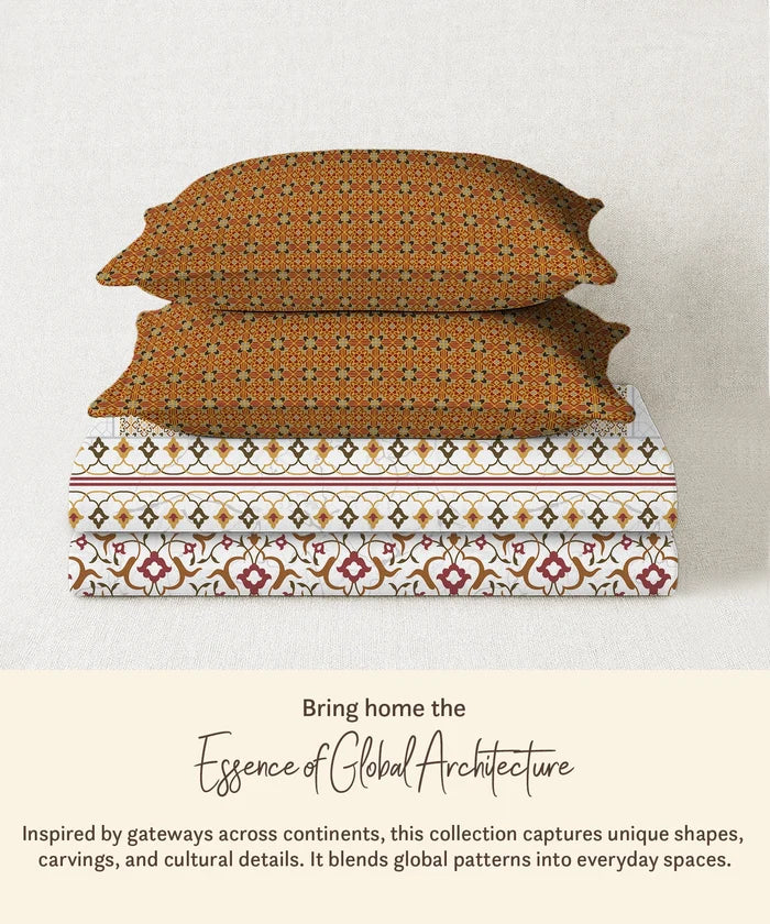 Gates Around The Globe King Fitted Bedsheet Set, Whitemyst| 180 TC Cotton| 2 Pillow Covers