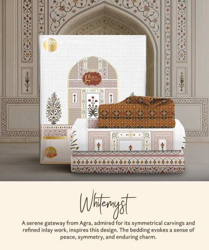 Gates Around The Globe King Fitted Bedsheet Set, Whitemyst| 180 TC Cotton| 2 Pillow Covers
