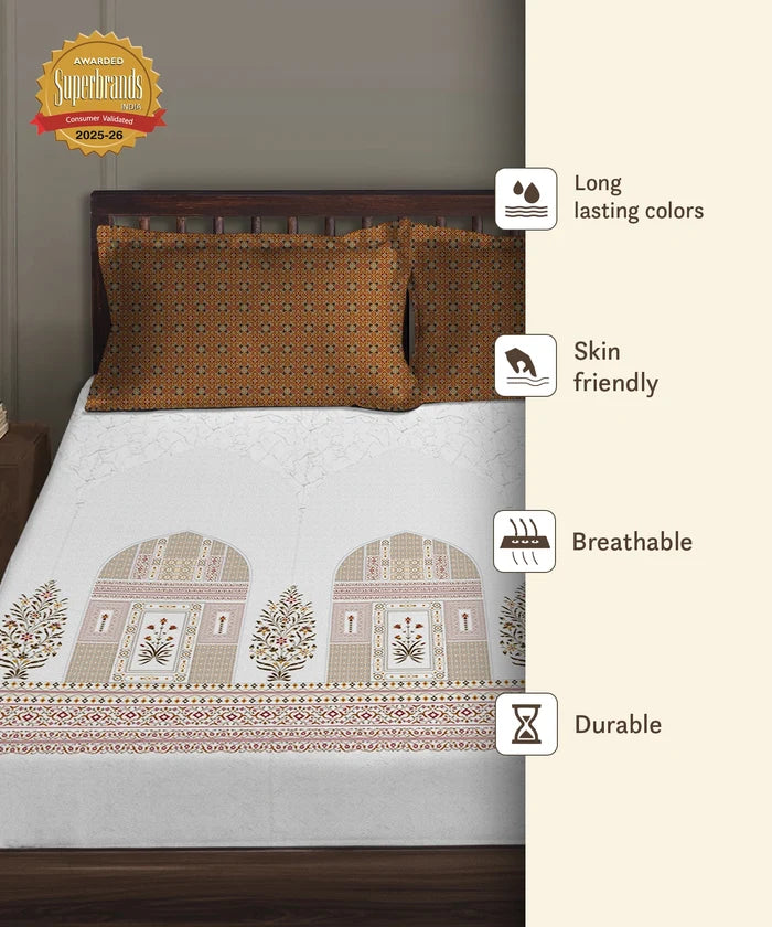 Gates Around The Globe King Fitted Bedsheet Set, Whitemyst| 180 TC Cotton| 2 Pillow Covers