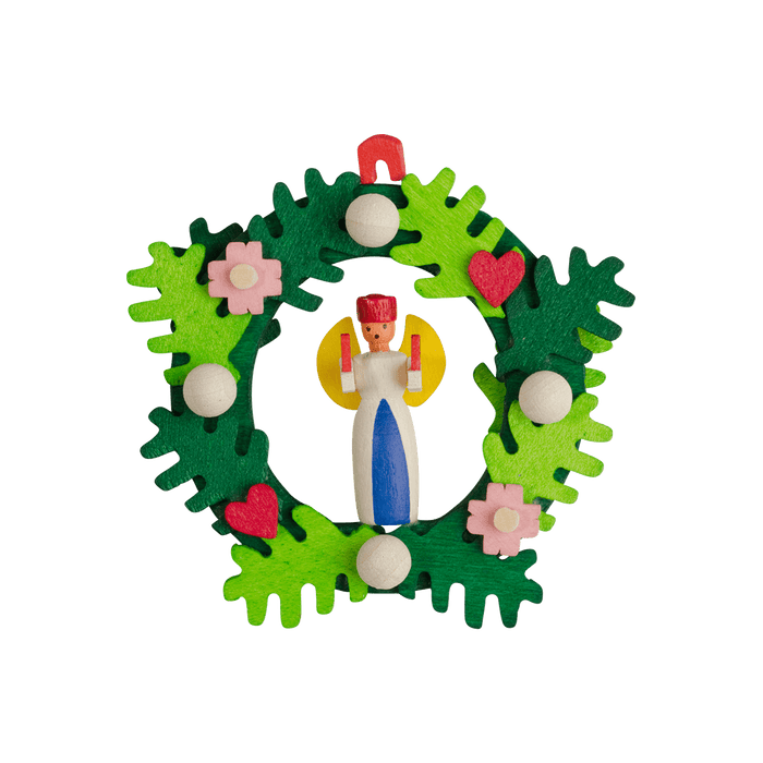 German Christmas Ornament: Christmas Wreath with Erzgebirge Angel & Miner