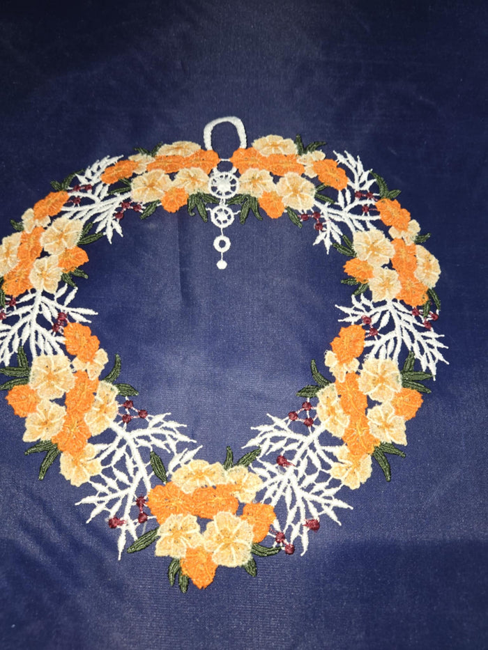 German Lace Linen Orange Heart Wreath Window Wall Hanging -