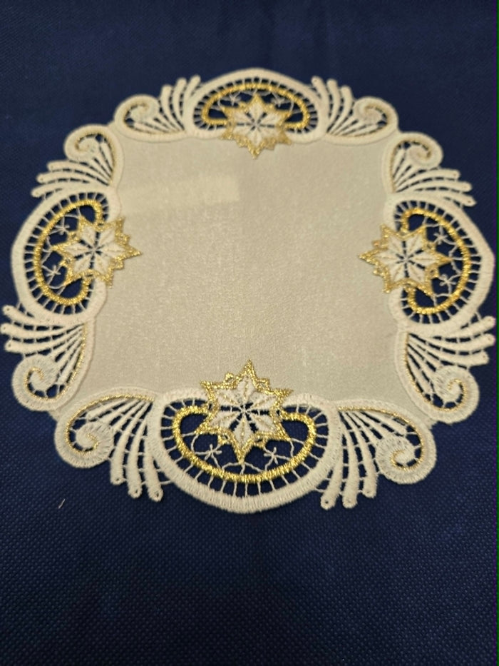 German Round 9.5 Inch Doily Gold Star on Lace