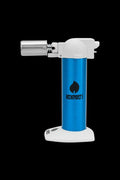 Side view of the Newport Butane Torch Lighter - 6 Inch showing its metallic blue cylindrical body, white top and base, and horizontal silver nozzle against a black background.