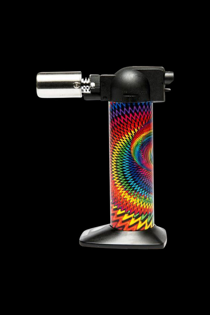 Side profile of the Newport Butane Torch Lighter - 6 Inch showing a black top and metal nozzle with a colorful psychedelic wavy pattern on the cylindrical body against a black background