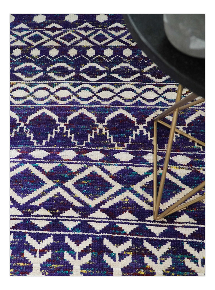 Hand-knotted silk area rug with blue-and-white diamond and lattice pattern
