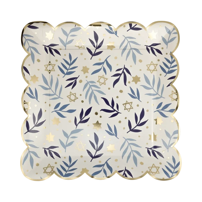 Hanukkah Stars & Branches Scalloped Square Plate – 10" Gold Foil (8ct) - Josi James - 10 Inch Plate