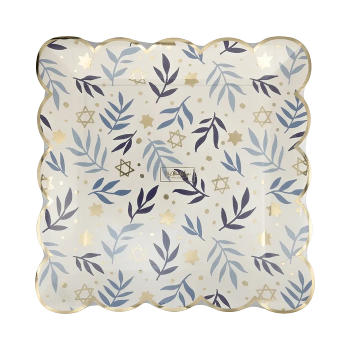 Hanukkah Stars & Branches Scalloped Square Plate – 10" Gold Foil (8ct) - Josi James - 10 Inch Plate