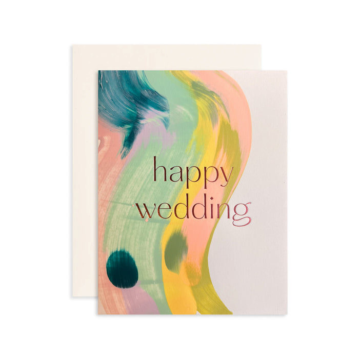 Happy Wedding handmade artisanal greeting card with bright colourful paint swirls and an envelope on a white background
