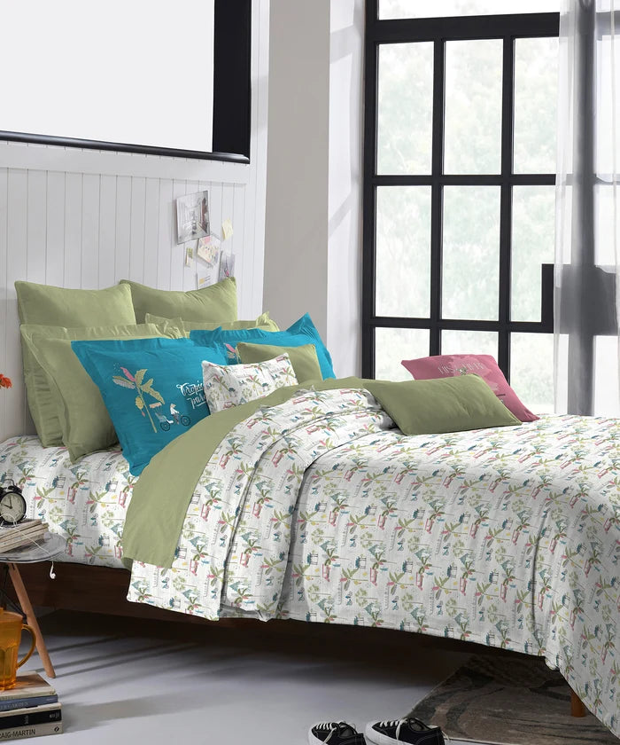 His & Her King Bedsheet Set, Ko Samui|144 TC Cotton| 2 Pillow Cover & 2 Cushion Covers